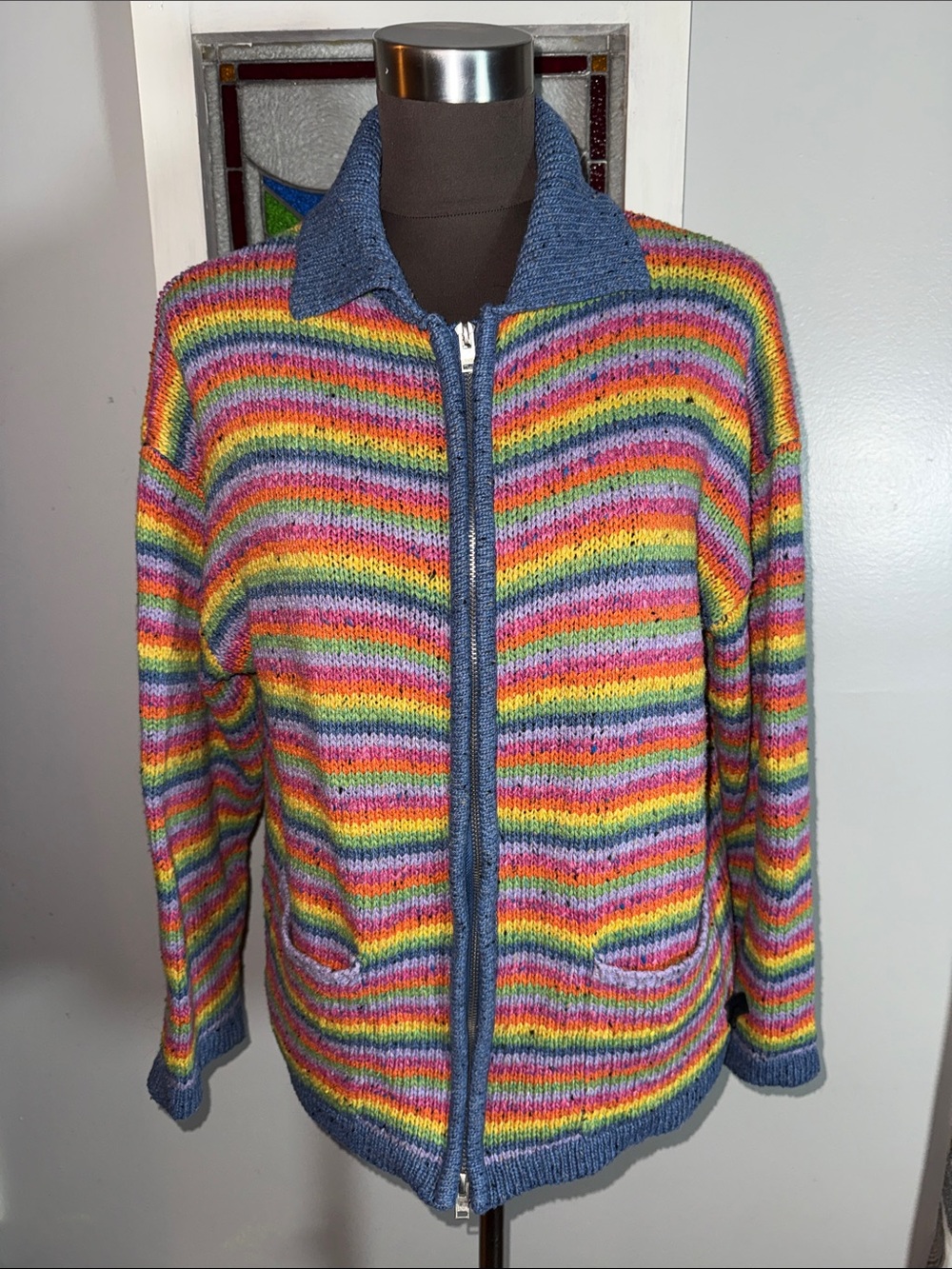 UNIF Rainbow Striped Pixie Zip Up Cardigan Sweater w/ Collared Neck & Pocket XS
